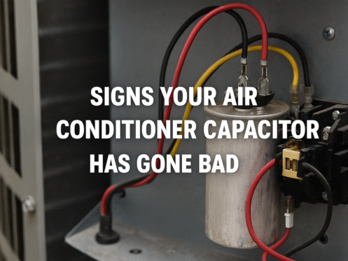 A close-up of an air conditioner capacitor with red, yellow, and black wires attached. Text over the image reads: "Signs your AC repair is needed due to a bad capacitor. | High 5 Plumbing, Heating & Cooling