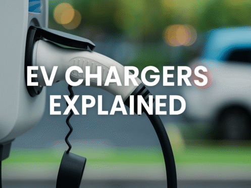 A close-up of an EV charger plugged into a car, with the text "EV Charging Explained" overlaid. The background is blurred, showing greenery and another parked car. | High 5 Plumbing, Heating & Cooling