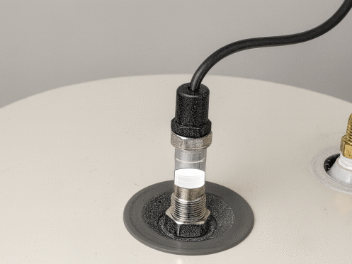 A coaxial cable is connected to a metal socket on a white surface, while another nearby socket—used in water heater anode rod comparison—remains unplugged. Both sockets are mounted on circular metal bases. | High 5 Plumbing, Heating & Cooling