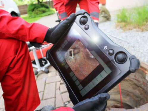 A person in red protective clothing and black gloves holds a tablet displaying an image of a rusted pipe, highlighting sewer inspection problems next to an open manhole on a paved surface with grass and gravel nearby. | High 5 Plumbing, Heating & Cooling